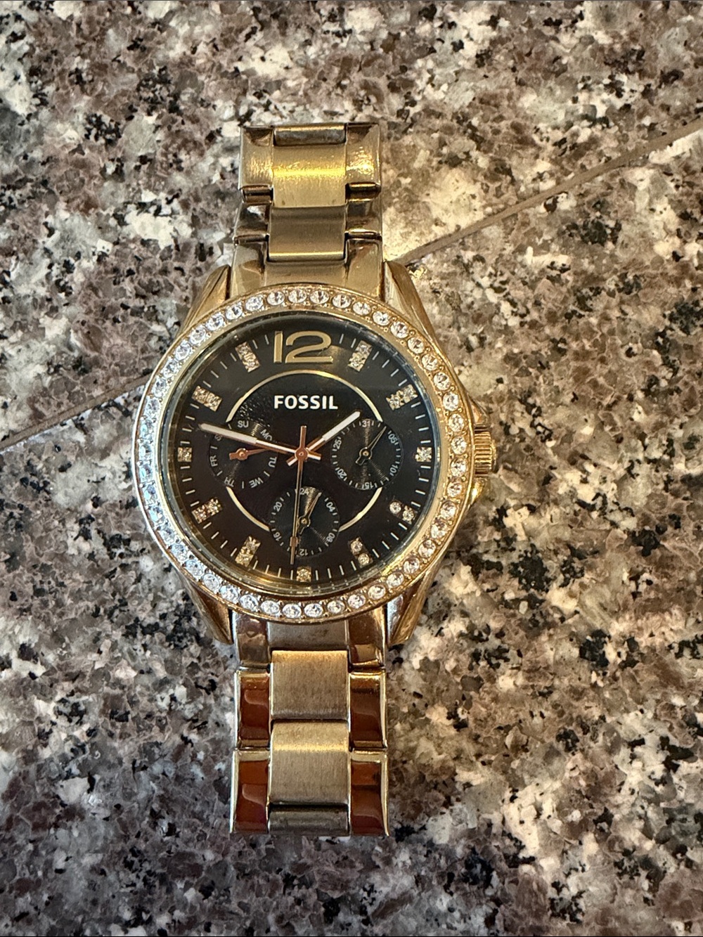 Fossil Gold-Tone Watch with Black Dial and Crystal Bezel